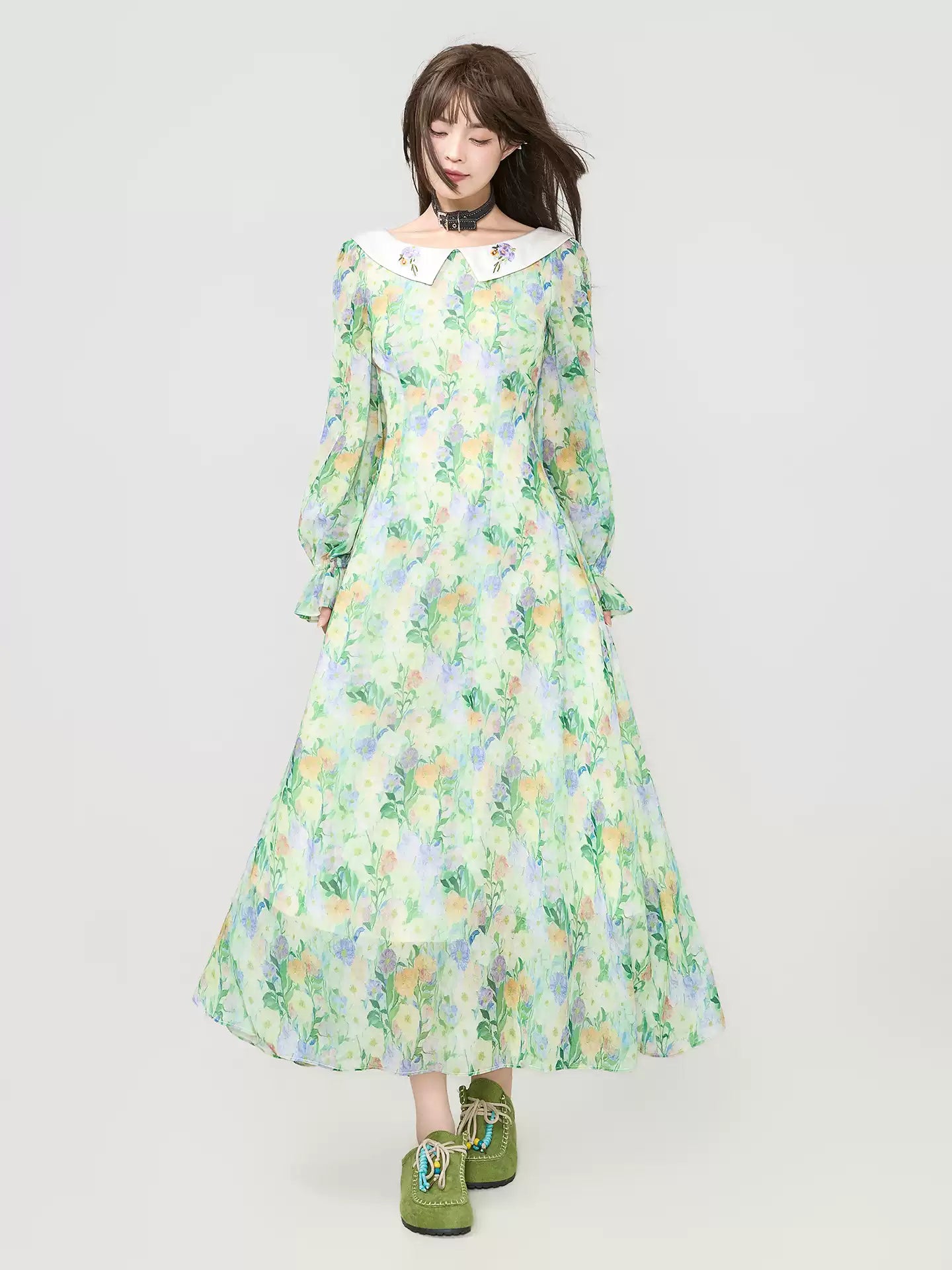 Floral Chiffon Puff Sleeve Long Dress　X3540