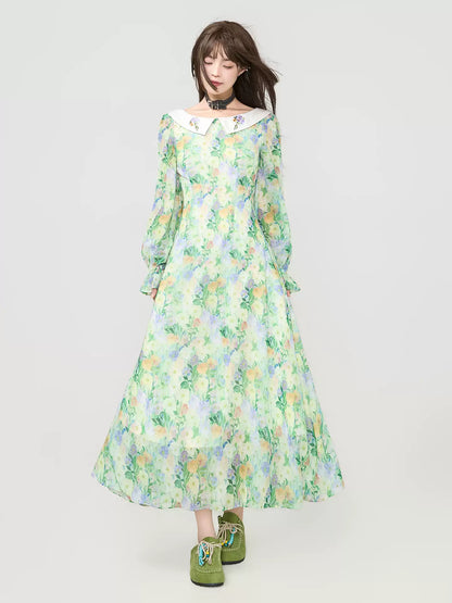 Floral Chiffon Puff Sleeve Long Dress　X3540