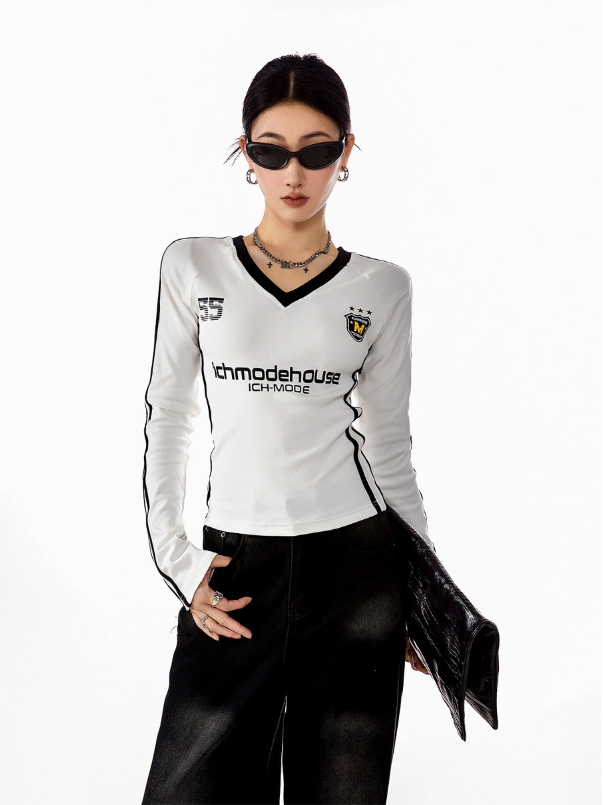 V-neck long sleeve cropped jersey t-shirt X3210