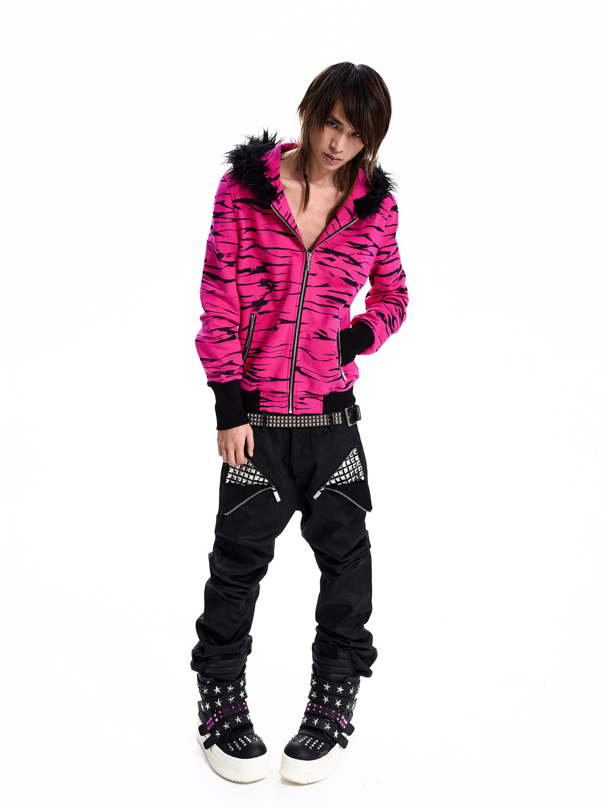 Zebra Fur Hood Zip Hoodie　X3695
