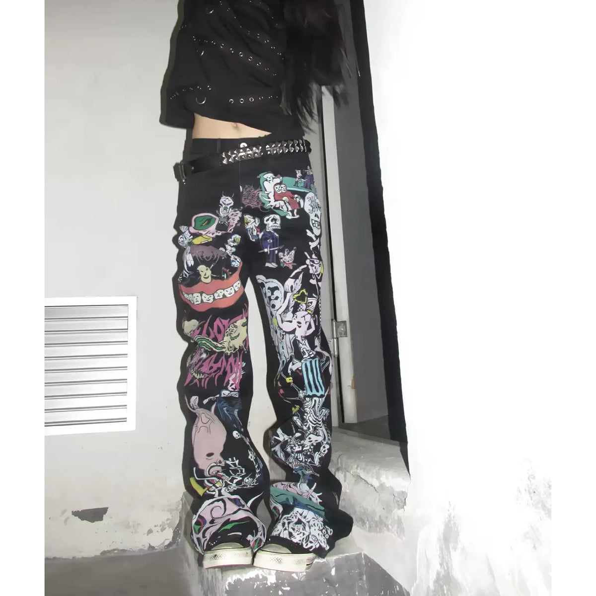 Graffiti Print Wide Leg Jeans　X3705