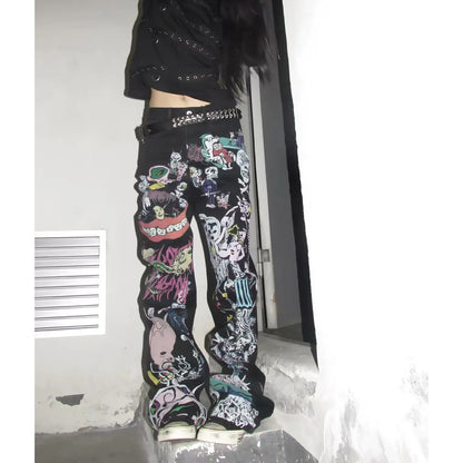 Graffiti Print Wide Leg Jeans　X3705