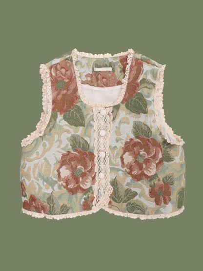 Retro style flower pattern short vest X3169