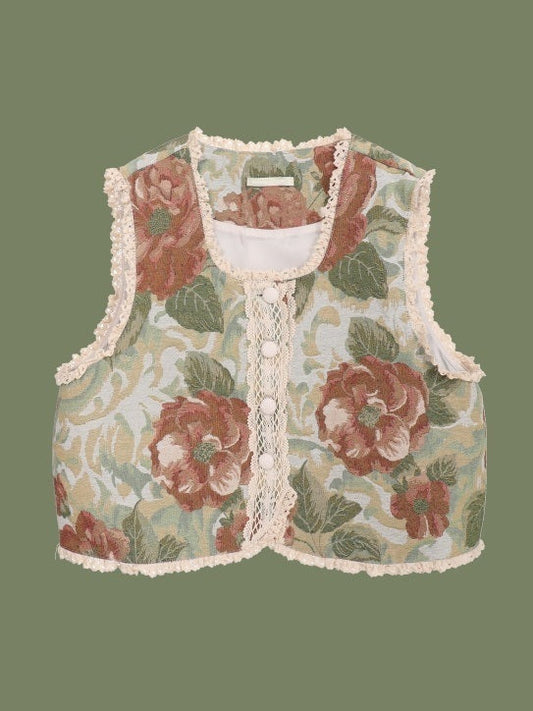 Retro style flower pattern short vest　X3169