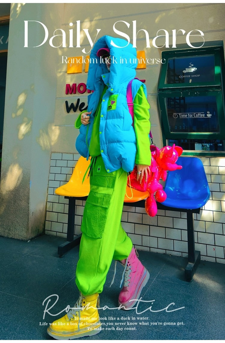 Neon Color Letter Patch Padded Vest X3429