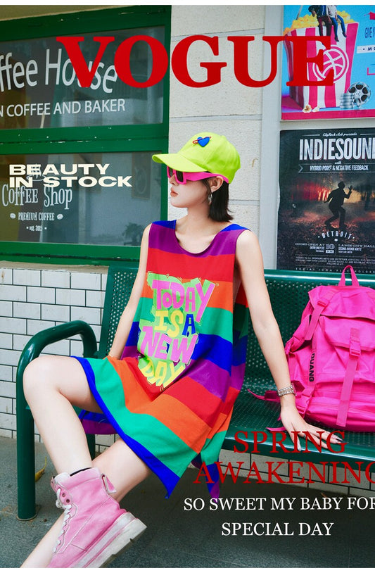 Colorful Letter Print Sleeveless Casual Dress　X3543