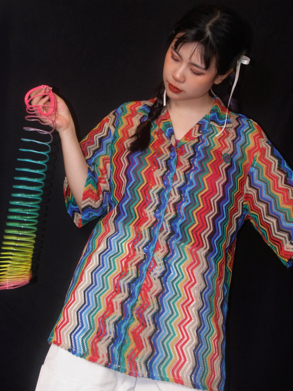 Rainbow zigzag striped sheer shirt X2775