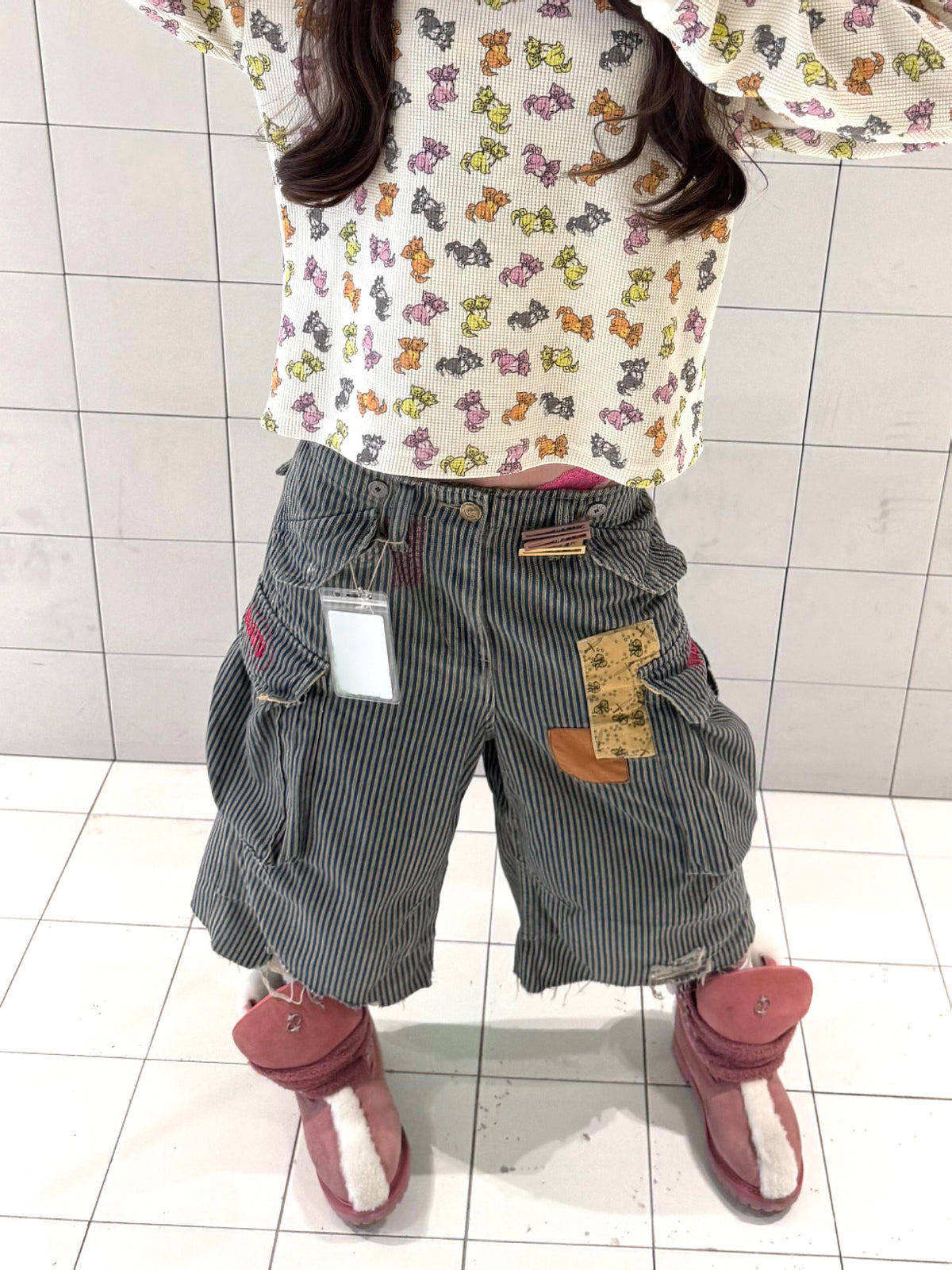 Hickory Stripe Patchwork Wide Cropped Pants　X3706