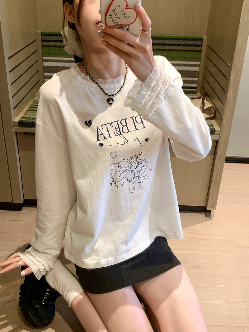 Sweet lace patchwork long sleeve T-shirt X3198