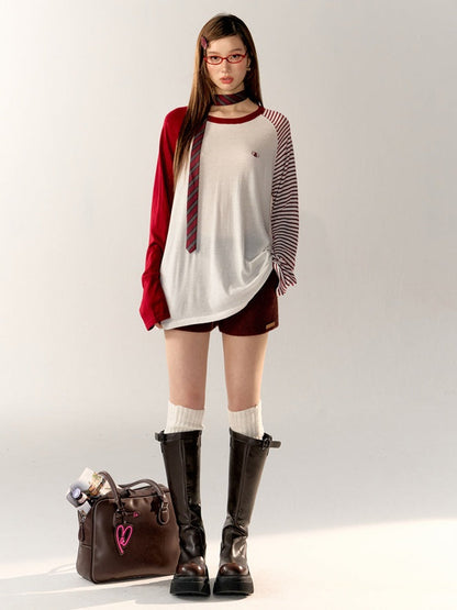 Raglan Sleeve Striped Loose T-Shirt　X3165