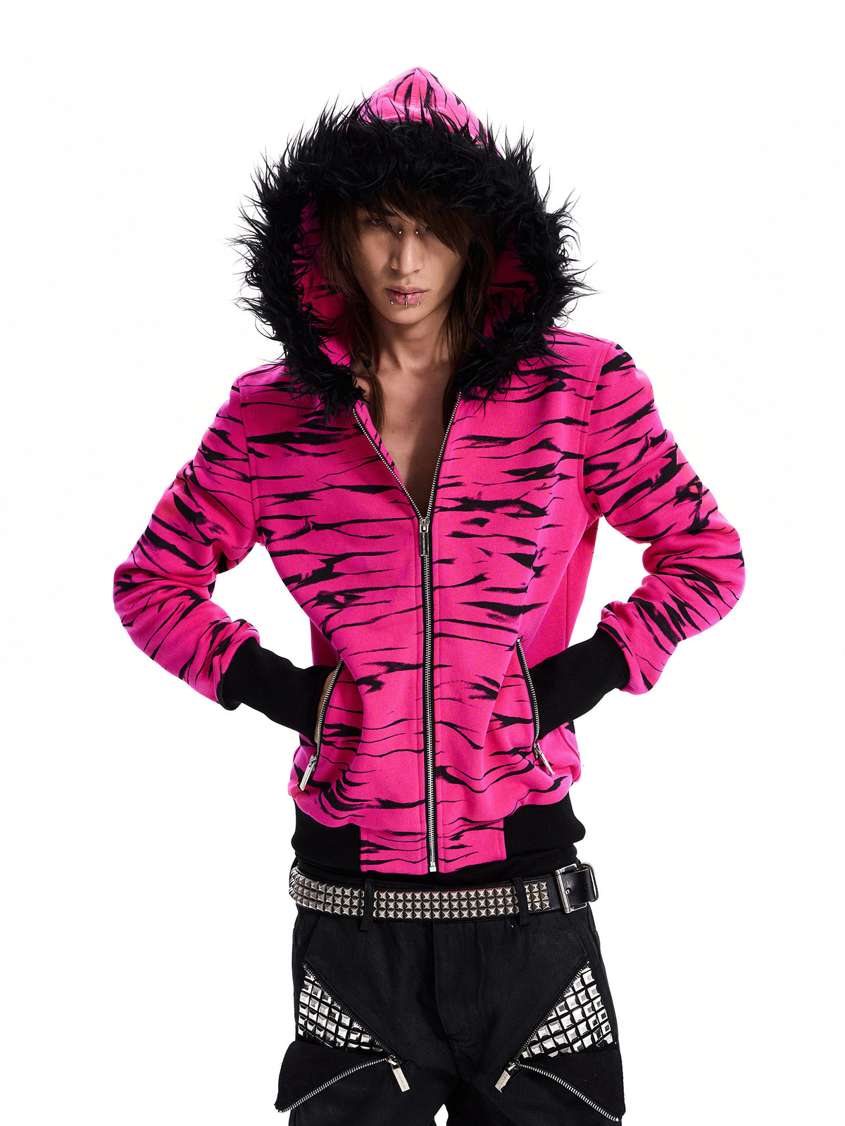 Zebra Fur Hood Zip Hoodie　X3695