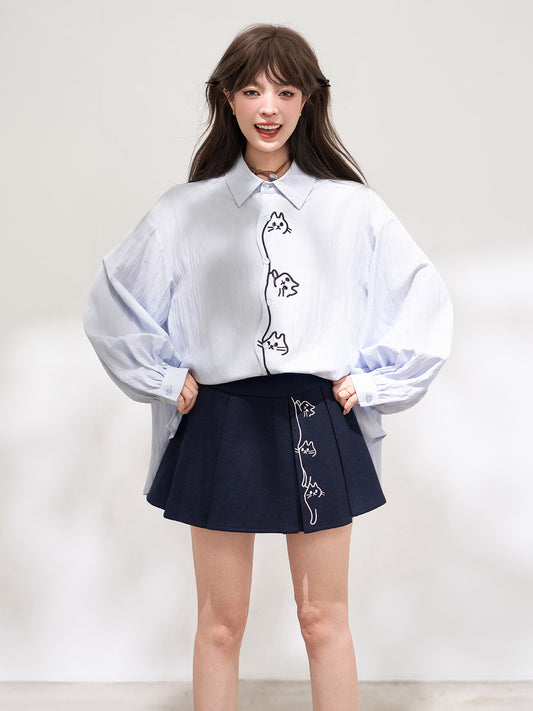 Cartoon Embroidered Oversized Shirt X3670