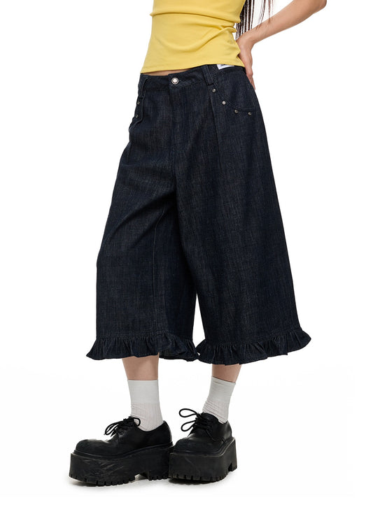 Washed Denim Wide-Leg Cropped Pants　X3335