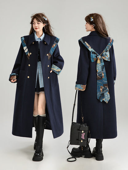 Jacquard Scarf Collar Wool Coat X3674