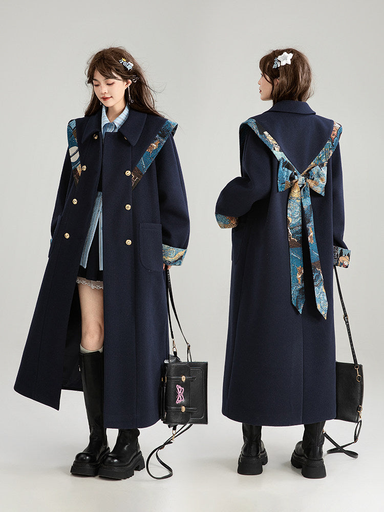 Jacquard Scarf Collar Wool Coat X3674