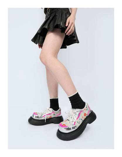 Colorblock Floral Chunky Platform Lace-Up Shoes　X3479
