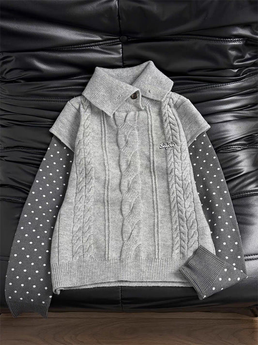 Polka Dot Sleeve Layered Cable Knit Sweater X3726