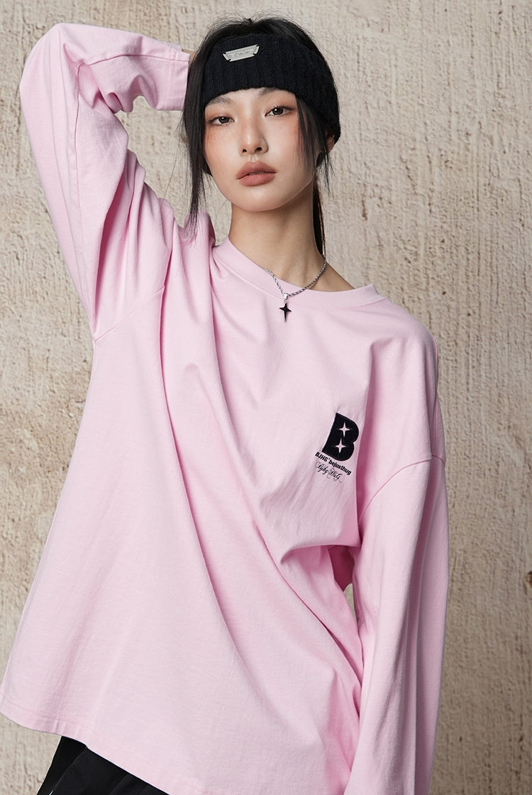 Cotton base round neck long-sleeved loose T-shirt X3061