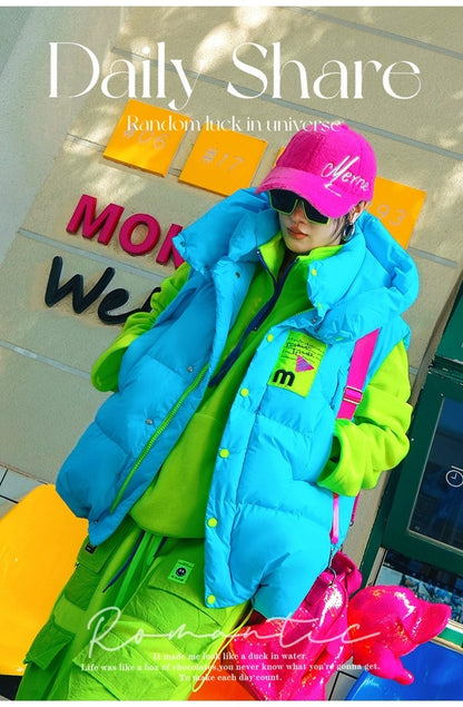 Neon Color Letter Patch Padded Vest X3429