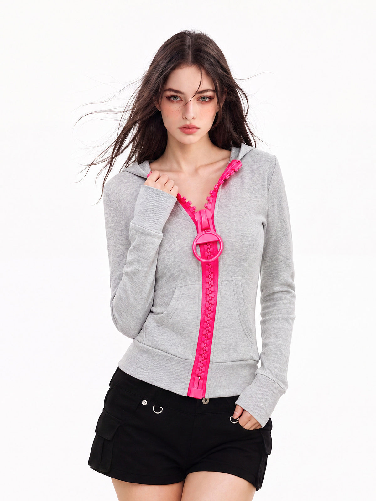 Big Zip Slim Fit Hooded Zip-Up Jacket　X3666