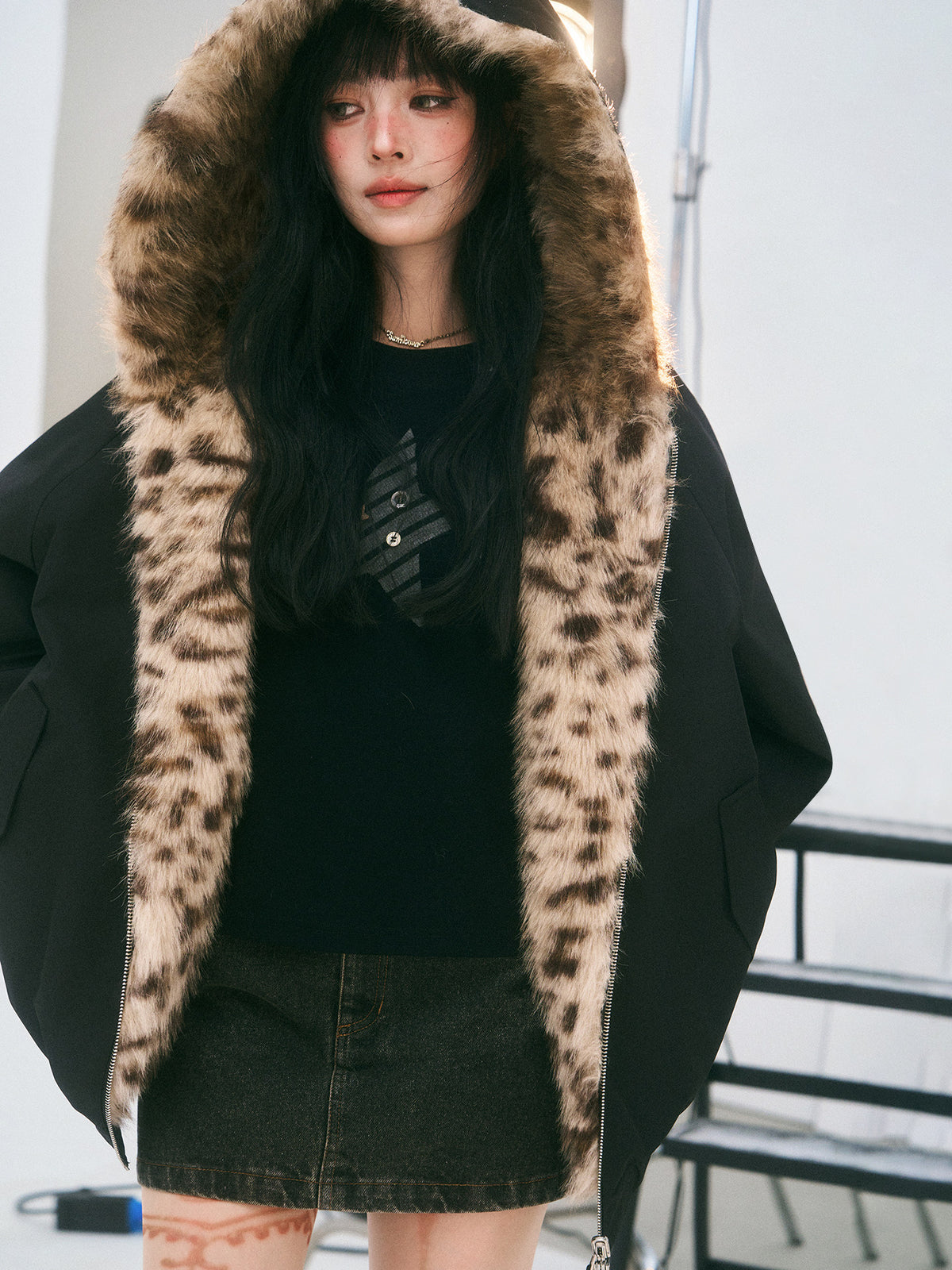 Reversible Leopard Faux Fur Ear Hood Jacket　X3725
