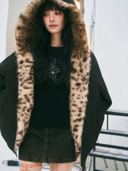 Reversible Leopard Faux Fur Ear Hood Jacket　X3725