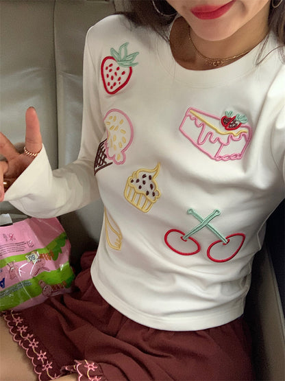 Sweets embroidered design long sleeve t-shirt X3199