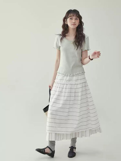 Cotton Jacquard Frill-Sleeve Short Tee　X3233