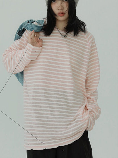 Stripe Round Neck Tops　X3196