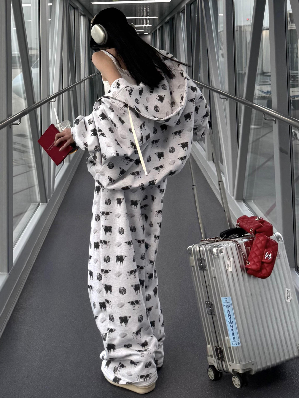 Cow Print Hoodie and Wide Leg Pants Set　X3665