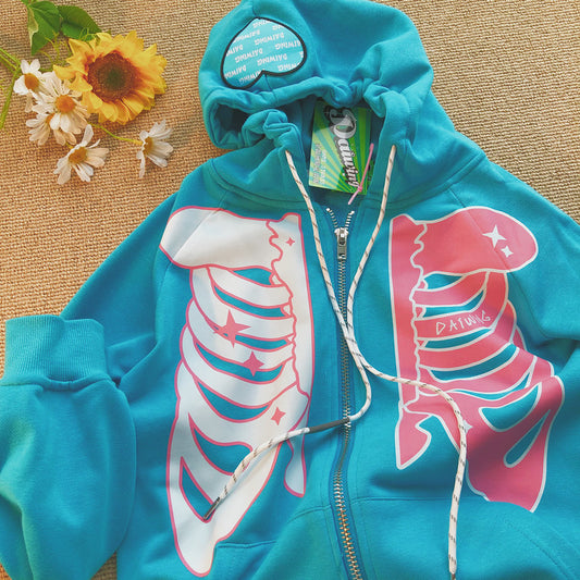 Skeleton Print Zip-Up Hoodie　X3727