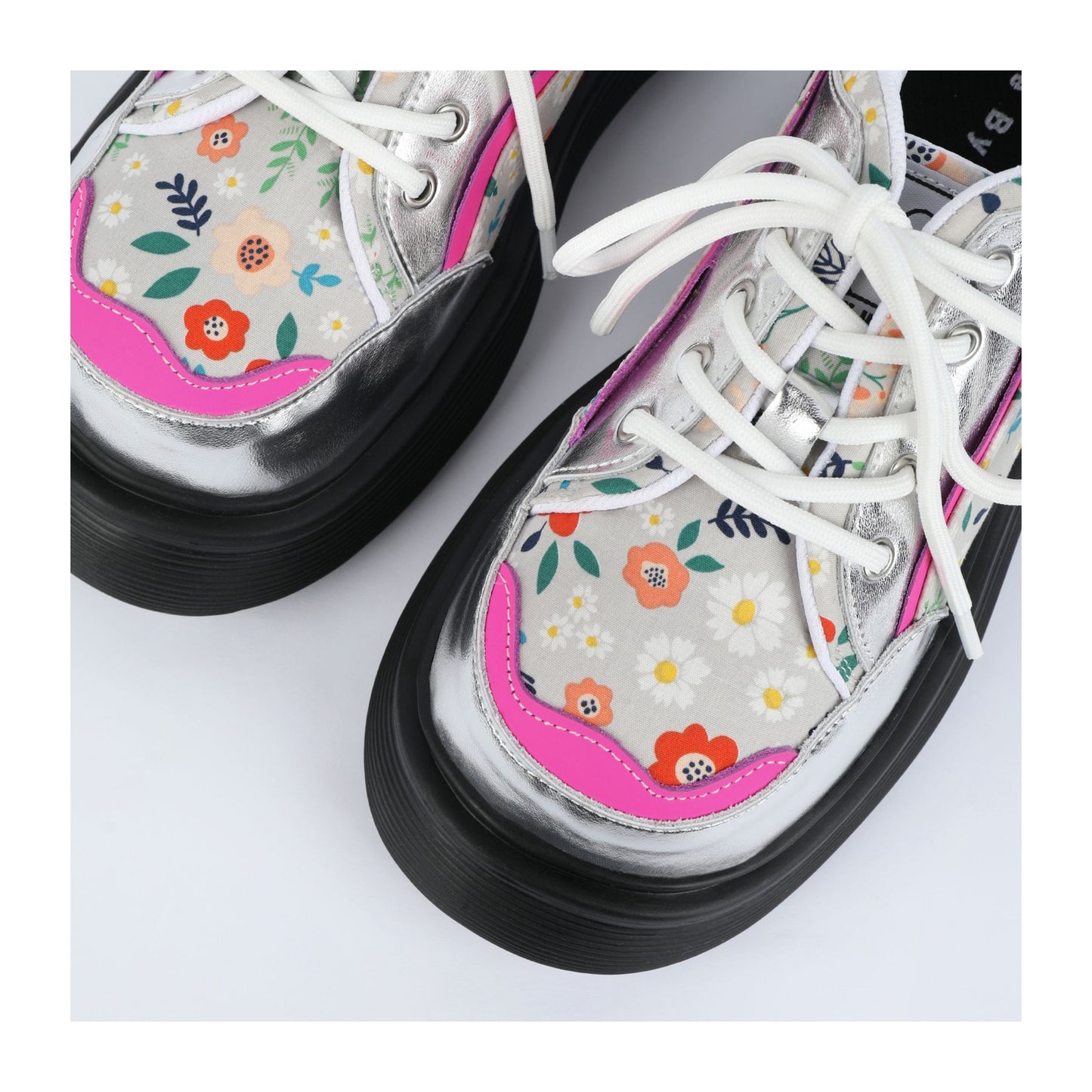 Colorblock Floral Chunky Platform Lace-Up Shoes　X3479