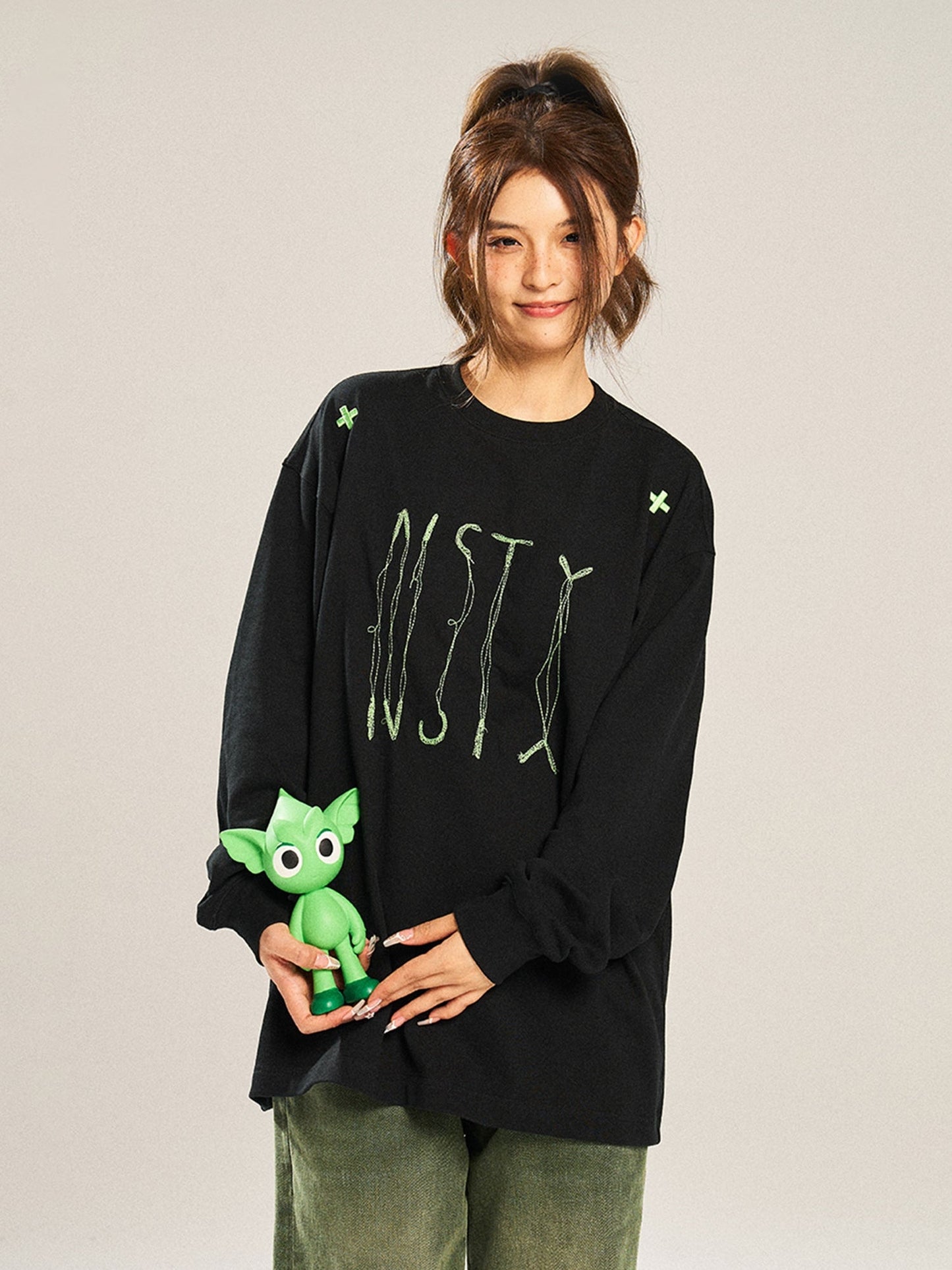 Embroidery letter loose long sleeve t-shirt X3091