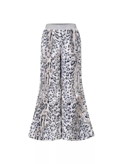 Half-High Neck Leopard Print Faux-Fur 3/4 Sleeve Pullover/Pants　X3494
