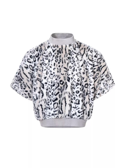 Half-High Neck Leopard Print Faux-Fur 3/4 Sleeve Pullover/Pants　X3494