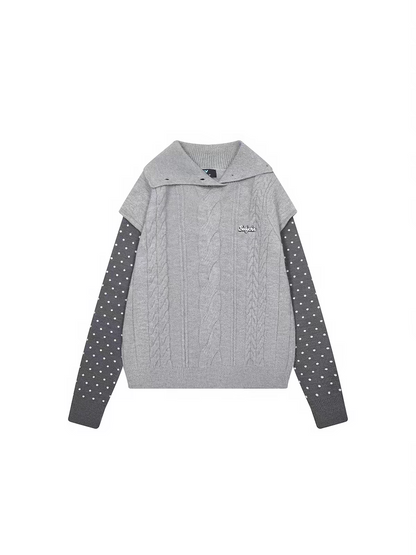 Polka Dot Sleeve Layered Cable Knit Sweater X3726