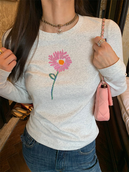 Rhinestone flower print long sleeves t-shirt X3171