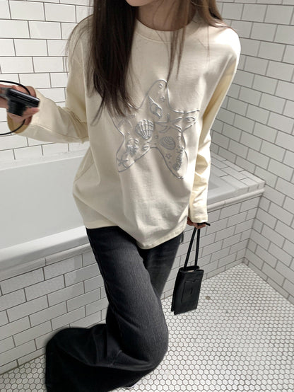 Loose Marine Print Long Sleeve T-Shirt X3138