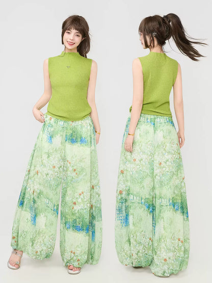 Floral Chiffon Wide-Leg Pants　X3539