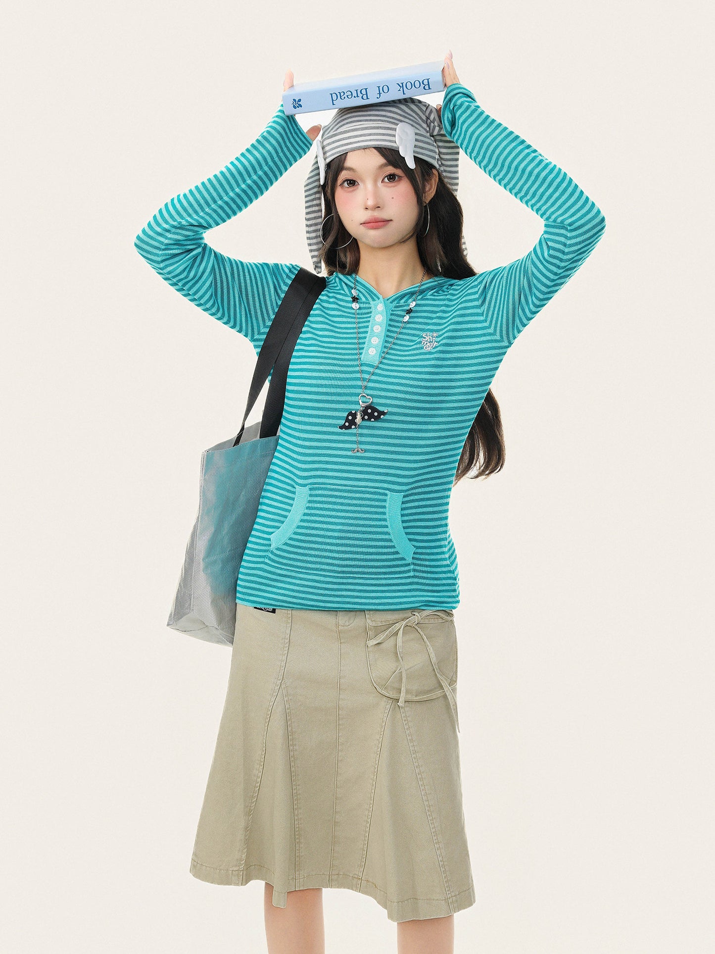 Vintage Striped Hooded Long Sleeve Slim Top　X3663