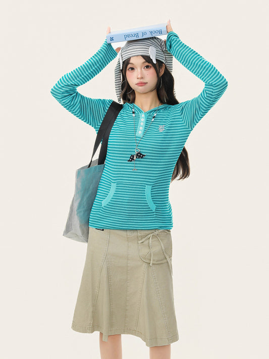 Vintage Striped Hooded Long Sleeve Slim Top　X3663