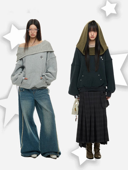 Layered-Look Off-Shoulder High-Neck Hoodie　X3485