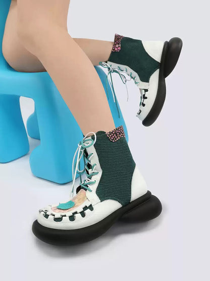 Colorblock Chunky Platform Lace-Up Mid Boots　X3483