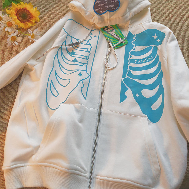 Skeleton Print Zip-Up Hoodie　X3727