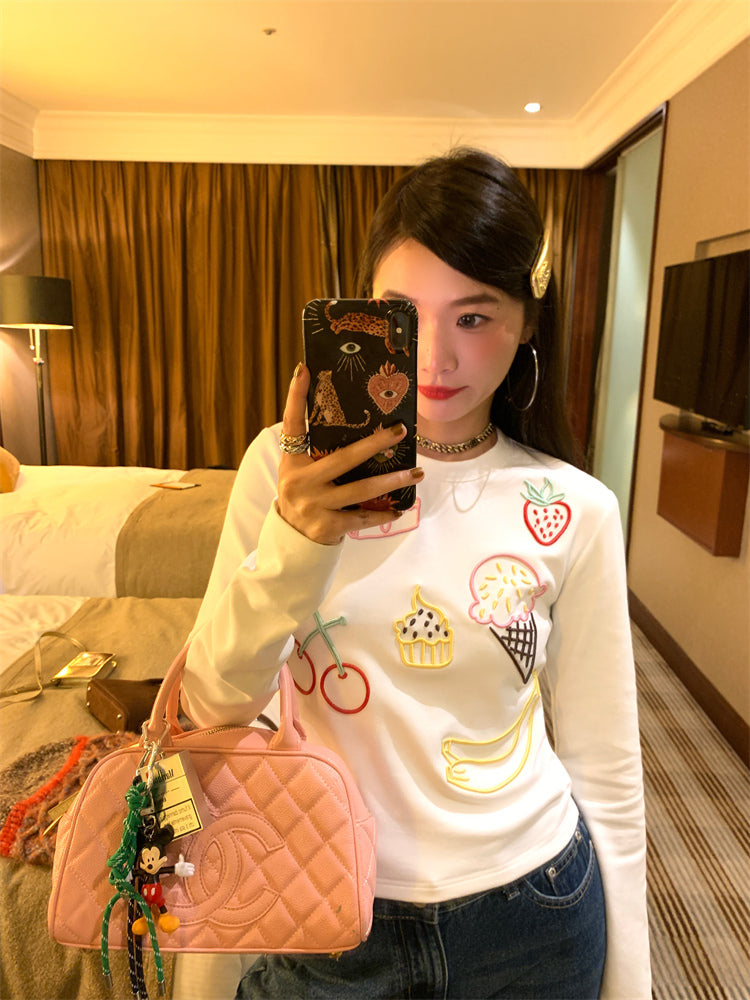 Sweets embroidered design long sleeve t-shirt X3199