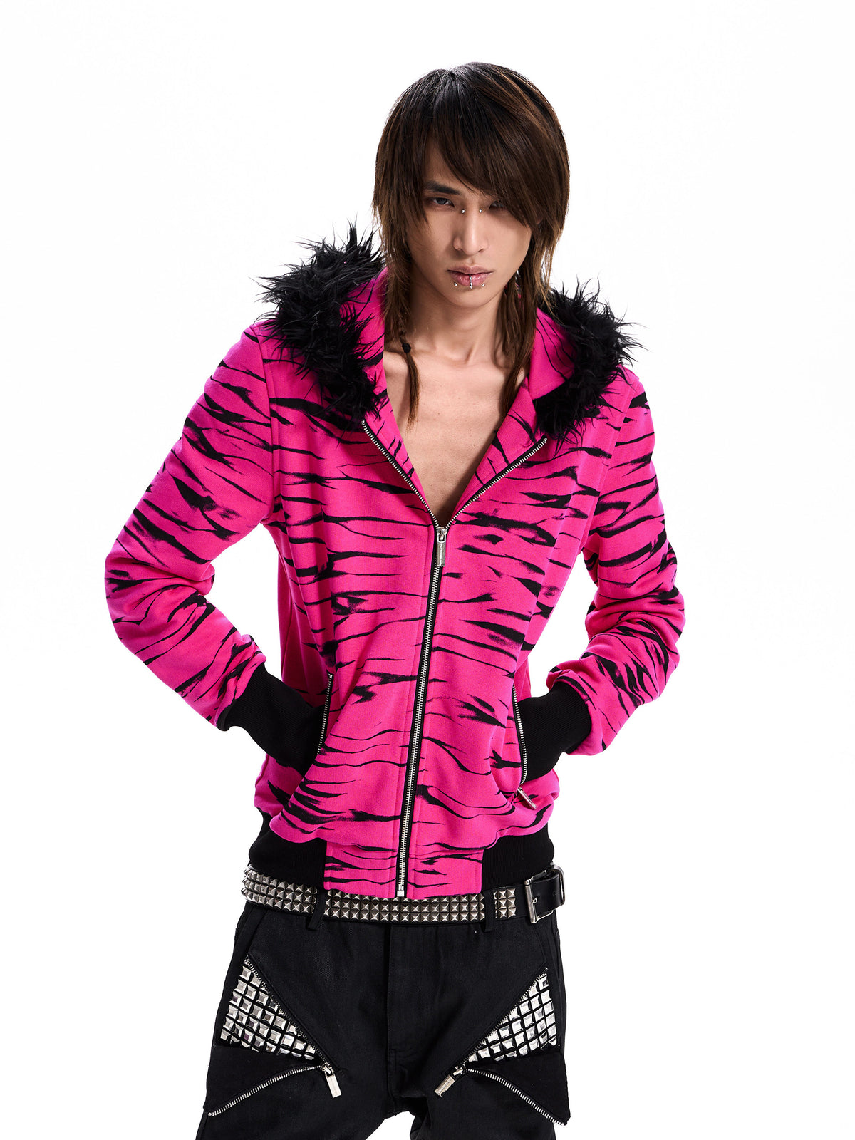 Zebra Fur Hood Zip Hoodie　X3695