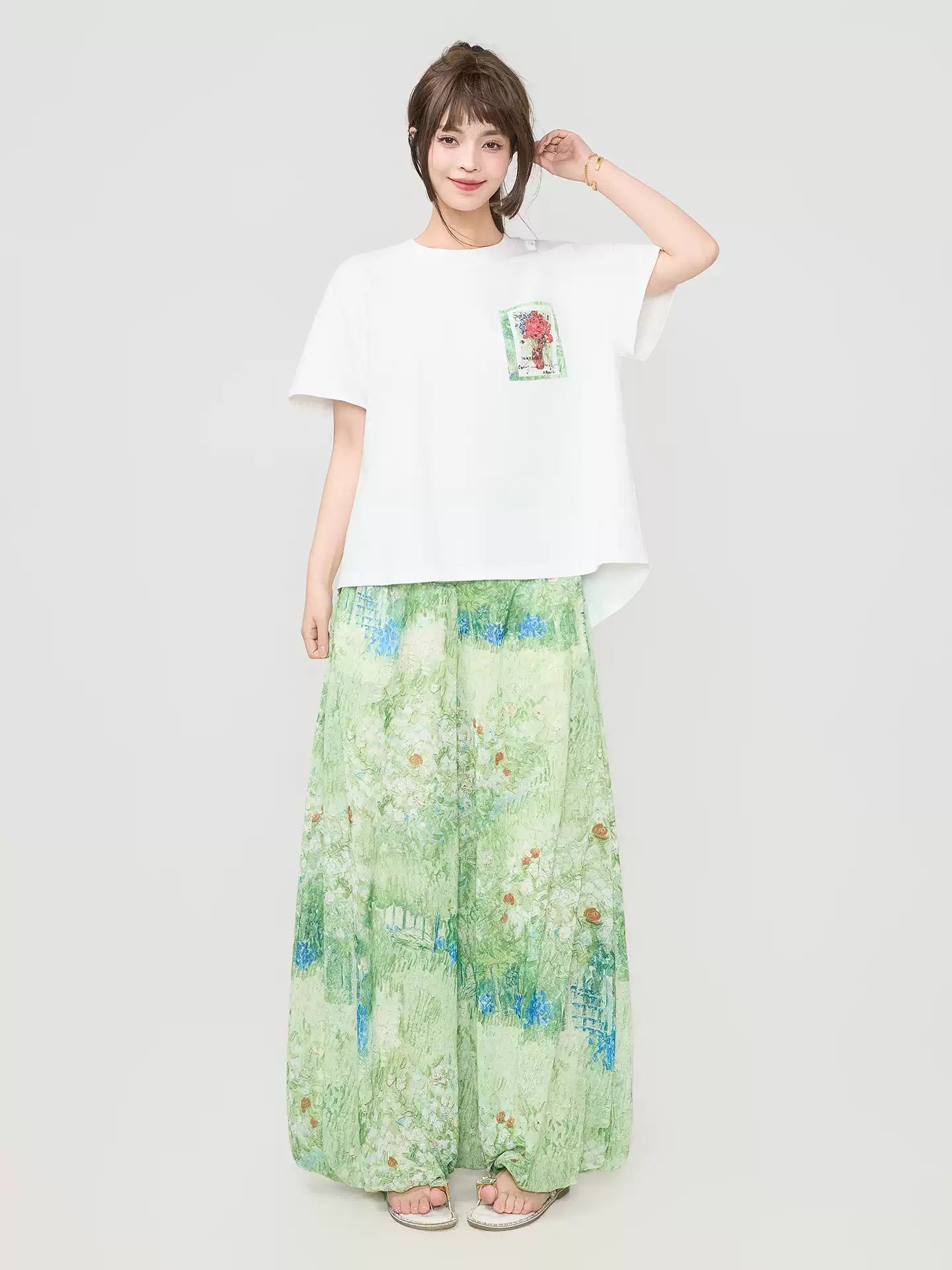 Floral Chiffon Wide-Leg Pants　X3539