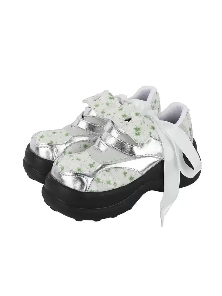 Floral Print & Silver Chunky Platform Velcro Shoes　X3478