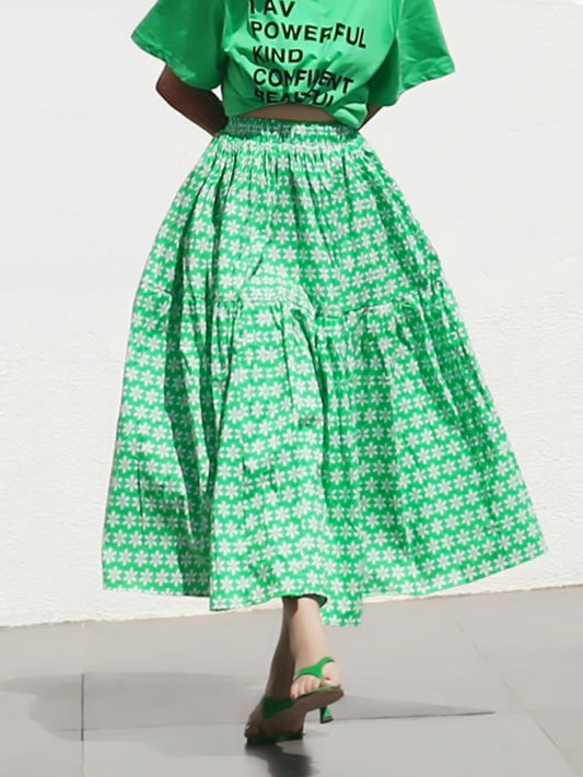 Flower pattern green A-line skirt X2661