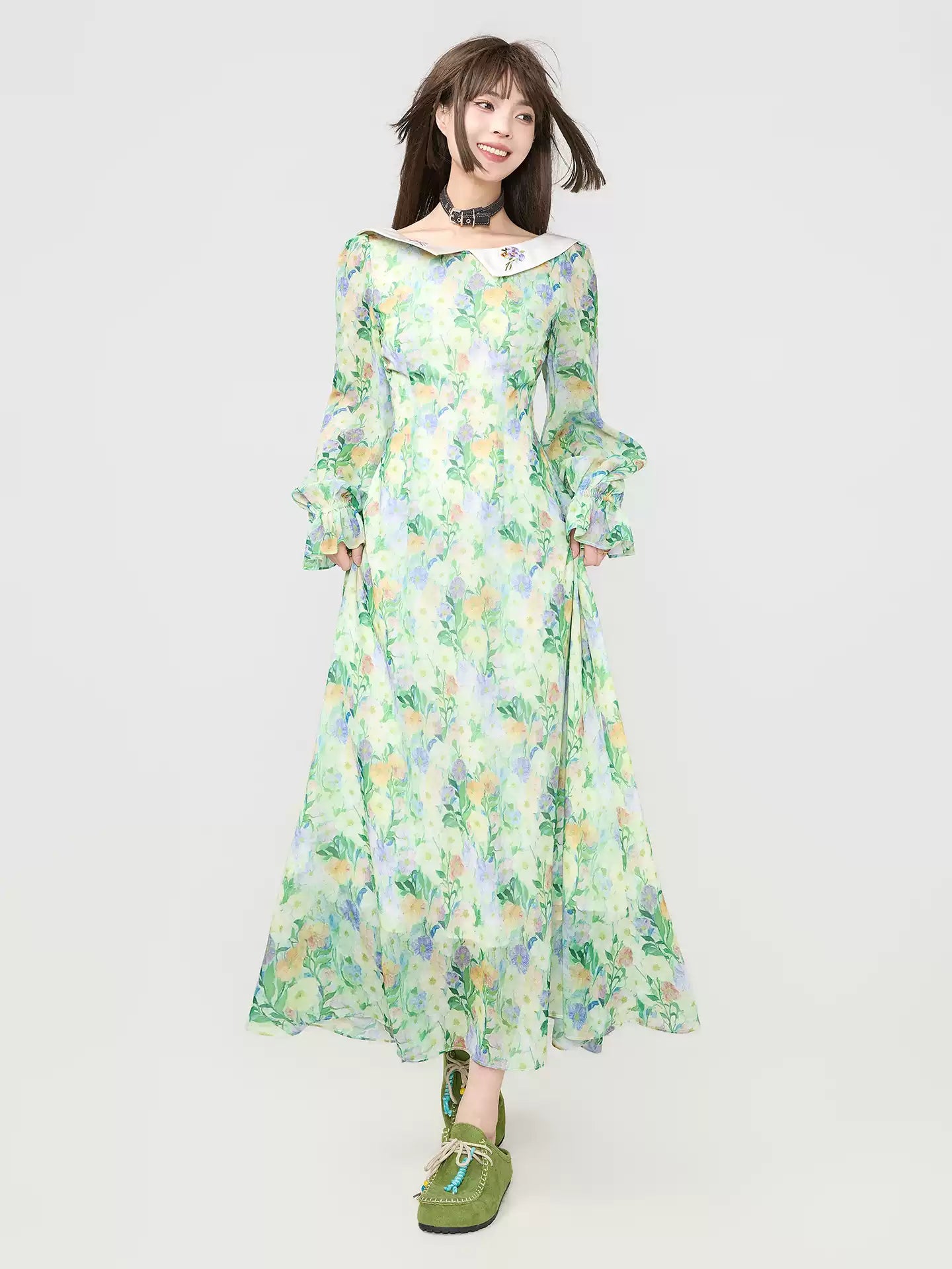 Floral Chiffon Puff Sleeve Long Dress　X3540